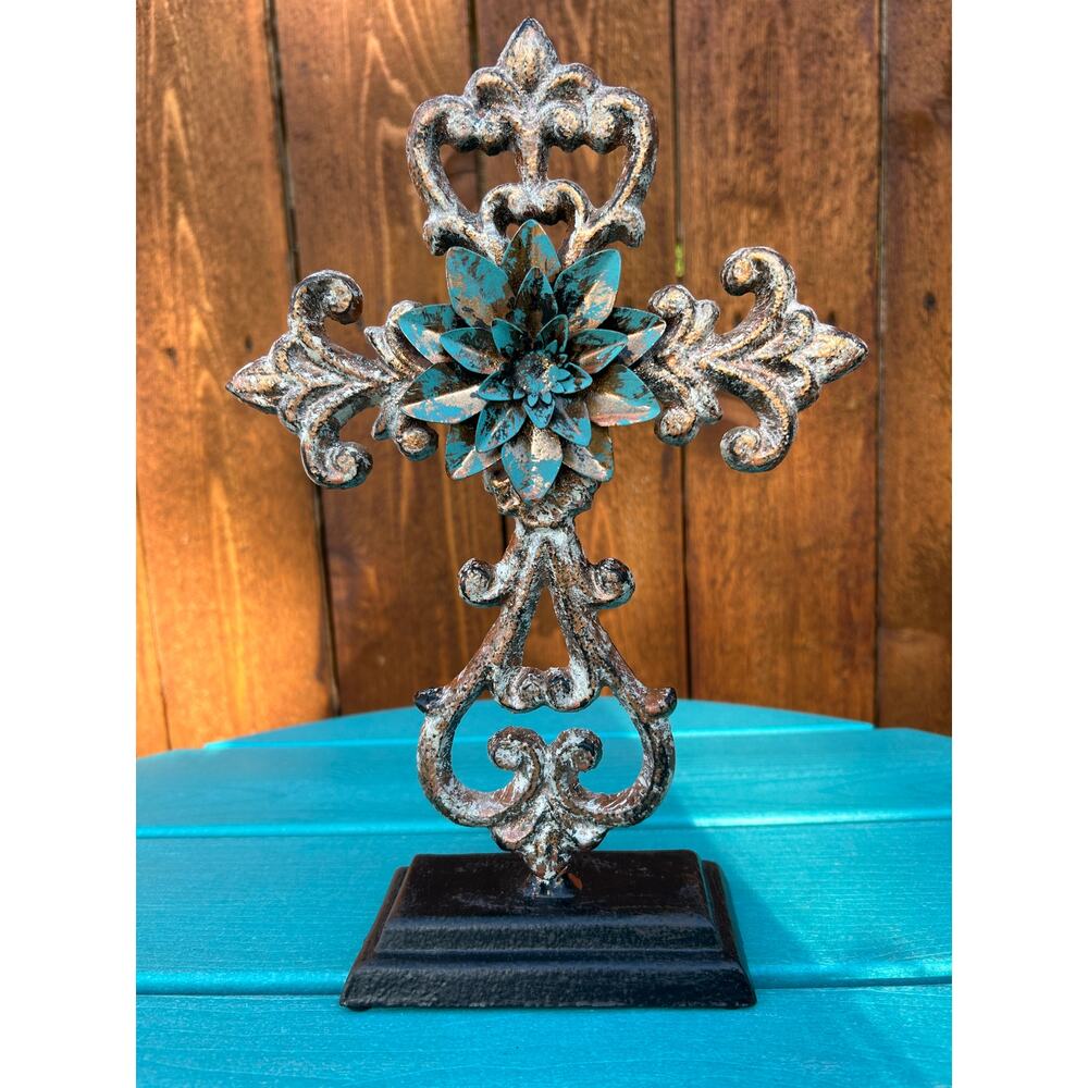 Ornate Cast Iron Standing Cross - Rustic Turquoise Floral Center - 11" X 7"